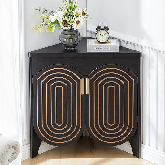 Small Corner Storage Cabinet, Mid Century Modern Floor Corner Cabinet with Curved Doors and Adjustable Shelves，Freestanding Narrow Storage Organizer for Bathroom, Living Room (Black)