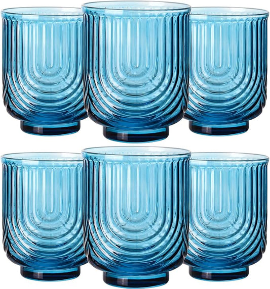 JOVGANK Blue Vintage Glassware Set of 6-14Oz Blue Water Drinking Glass, Art Deco Ripple Highball Glass, Whiskey Cocktail Glasses, for Bar Ice Coffee Juice, Housewarming Gifts and Mother's Day Gift