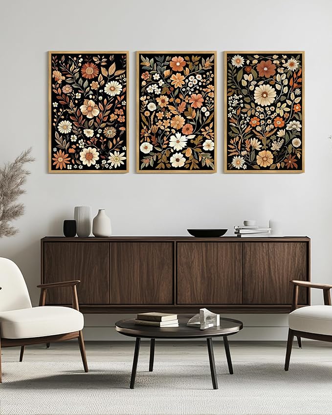 KUVIOKE Orange Vintage Flower Framed Wall Art Boho Floral Wall Decor Retro Wildflower Modern Art Prints for Living Room Bedroom 24x36in (Natural Framed)