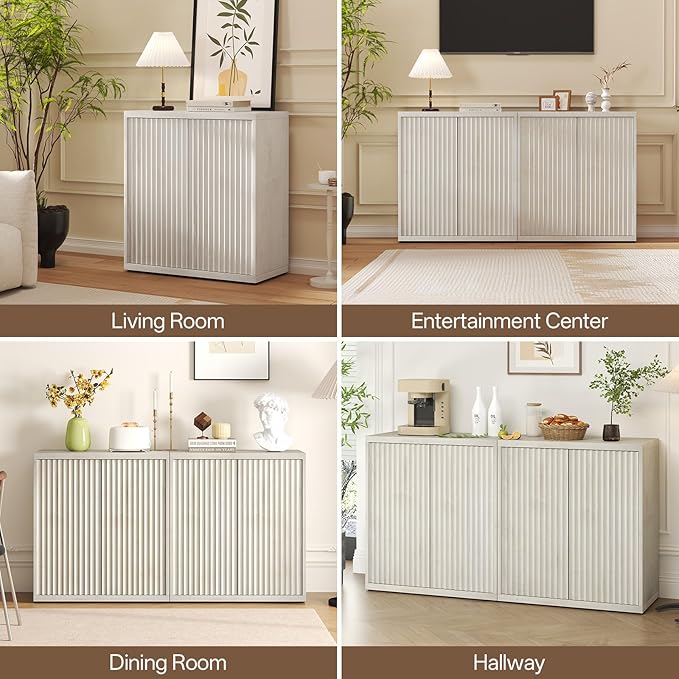 31” Sideboard Cabinet with Storage, Fluted Accent Cabinet with Adjustable Shelves, Modern Wood Credenza Cabinets with Pop-up Doors for Entryway Kitchen Living Room Hallway, White Oak 3pcs