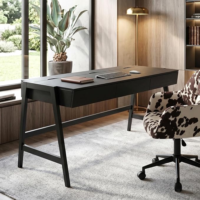 HNY 59 Inches Black Wooden Writing Desk with 3 Drawers, Computer Study Table with MDF Top, Solid Rubberwood Legs and Hidden Cable Management Holes, Corner Makeup Vanity Desk for Home Office, Bedroom