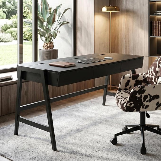 HNY 59 Inches Black Wooden Writing Desk with 3 Drawers, Computer Study Table with MDF Top, Solid Rubberwood Legs and Hidden Cable Management Holes, Corner Makeup Vanity Desk for Home Office, Bedroom