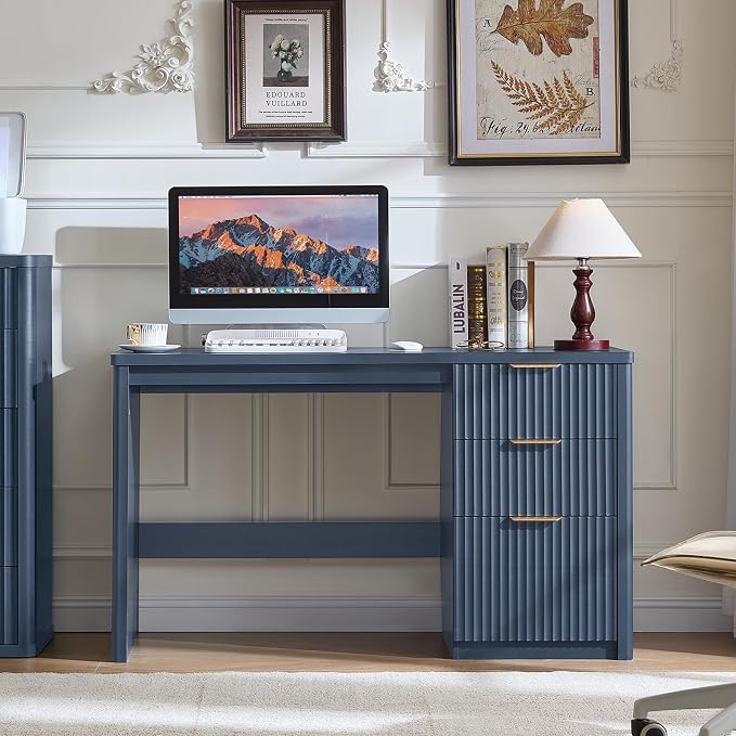 LEYAOYAO Office Desk 48" with 3 Drawers Storage File Cabinet Wood Fluted Desk for Computer Office Bedroom Home Furniture Blue
