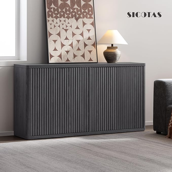 SICOTAS Buffet Cabinet with Storage Accent Sideboard with 4 Doors 66.3" Wide Fluted Credenza Modern Buffet Table Media Console Cabinet Entryway Cabinets for Living Room Kitchen Dining Room Hallway