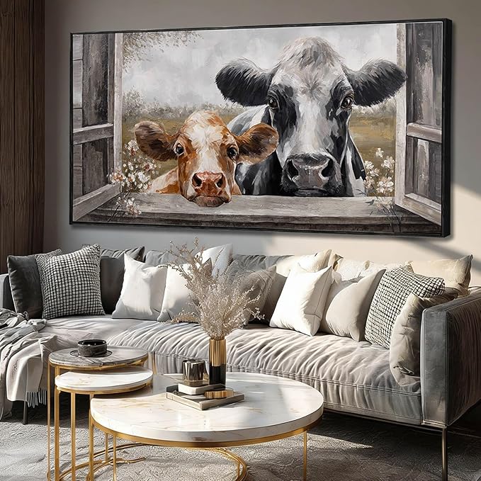 Modern Framed Wall Decor Cow Wall Art Grey and Brown Picture Prints 29"x58" Decorations for Bedroom Posters for Living Room