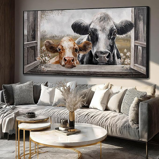 Modern Framed Wall Decor Cow Wall Art Grey and Brown Picture Prints 29"x58" Decorations for Bedroom Posters for Living Room