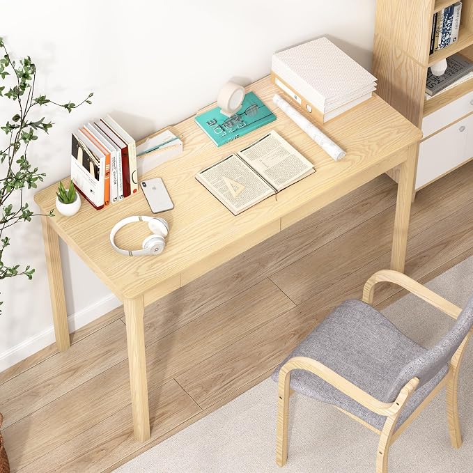 Solid Wood Writing Desk with Drawers, Small Computer Desk Table, Mid Century Modern Desks, Study Home Office Desks for Work, Small Wooden Dining Table for Bedroom, Natural