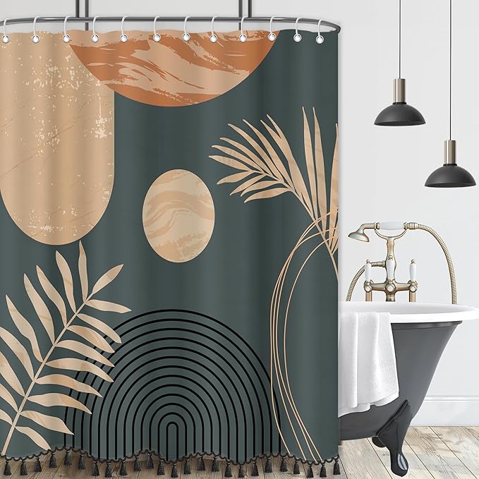 Boho Mid Century Leaf Shower Curtain Set,Arch Sun Design,Minimalistic Leaves Pattern,Waterproof and Luxurious Fabric-12 Hooks(Brown-72" x 84")
