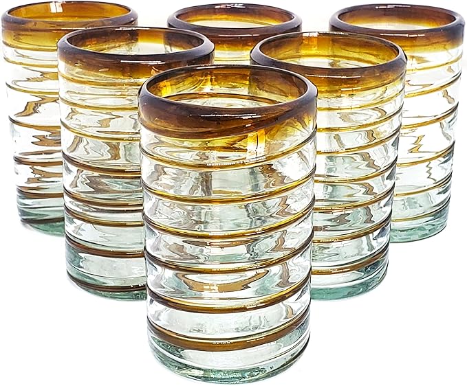 Amber Spiral 120 oz Pitcher and 6 Drinking Glasses set, Recycled Glass, Lead-free, Toxin-Free (Pitcher & Glasses)