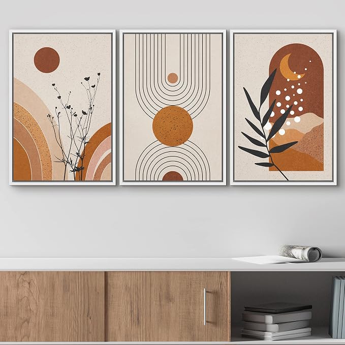 wall26 Framed Canvas Print Wall Art Set Boho Mid-Century Geometric Forest Plant Planets Nature Abstract Illustrations Modern Art Bohemian Decorative for Living Room, Bedroom, Office - 24"x36"x3 White