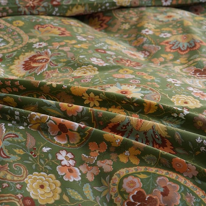 Cozeline 100% Cotton Duvet Cover King Size, Green Paisley Pattern Bedding Set with Zipper Closure, 3 Pcs Bohemian Breathable and Soft Duvet Cover for All Season