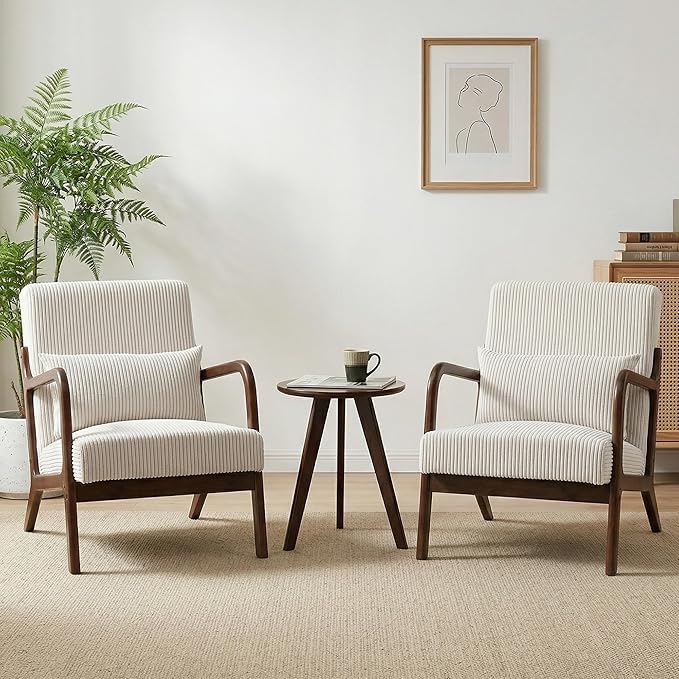 Mid Century Modern Accent Chairs Set of 2, Upholstered Corduroy Armchairs with Lumbar Pillows, Solid Rubberwood Frame for Living Room, Bedroom, Waiting Room, White