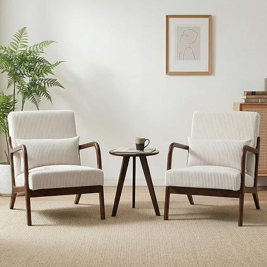 Mid Century Modern Accent Chairs Set of 2, Upholstered Corduroy Armchairs with Lumbar Pillows, Solid Rubberwood Frame for Living Room, Bedroom, Waiting Room, White