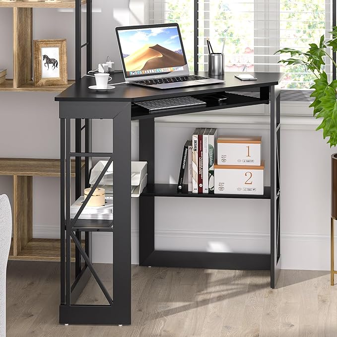 VECELO Corner Desk, Triangle Computer Desk for Small Space with Charging Station and Keyboard Tray, Corner Makeup Table with Storage Shelves for Home Office Bedroom, 41x30, Balck