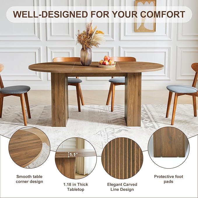 70.8" Oval Dining Table with Dual Side Storage Shelves, Rustic Farmhouse Table for 4–6 People, Modern Wooden Round Dinner Table for Kitchen, Reception, or Living Room (Walnut, Table Only)