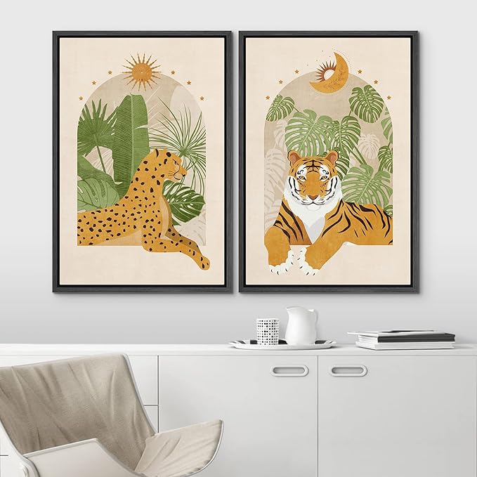 IDEA4WALL Framed Canvas Print Wall Art Set Indian Bengal Tiger Tropical Monstera Jungle Nature Wilderness Digital Art Modern Art Decorative Animal for Living Room, Bedroom, Office - 16"x24"x2 Black