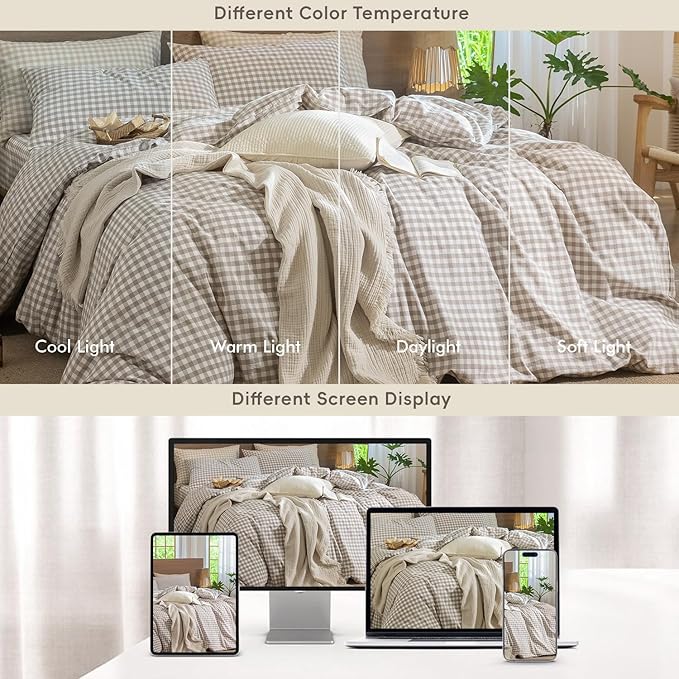 MooMee Gingham Duvet Cover Set 100% Washed Cotton Linen Like Textured Breathable Durable Soft Comfy Modern Checkered Design (Tannish Linen Grey Gingham, Palatial King/Oversized King 120"x98")