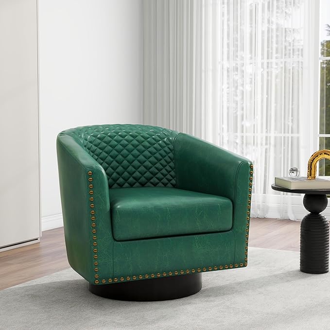 Swivel Barrel Accent Chair, Comfy Modern Upholstered Round Faux Leather Arm Chair for Living Room, Bedroom（Green, Set of 2