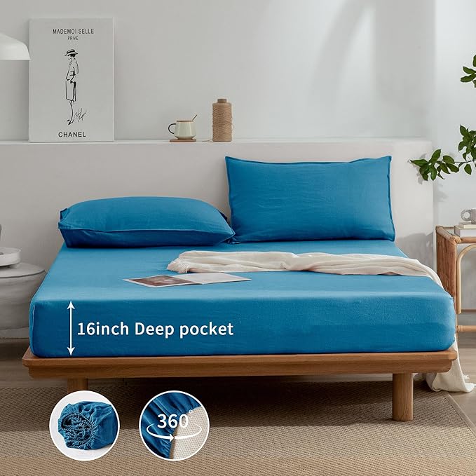 EVERLY Linen Queen Sheets Set, 100% Stonewashed French Linen Bed Sheets Deep Pocket Sheets, 4 Pieces (1 Flat Sheet, 1 Fitted Sheet, 2 Pillowcases) Natural Flax Bedding Set-Blue