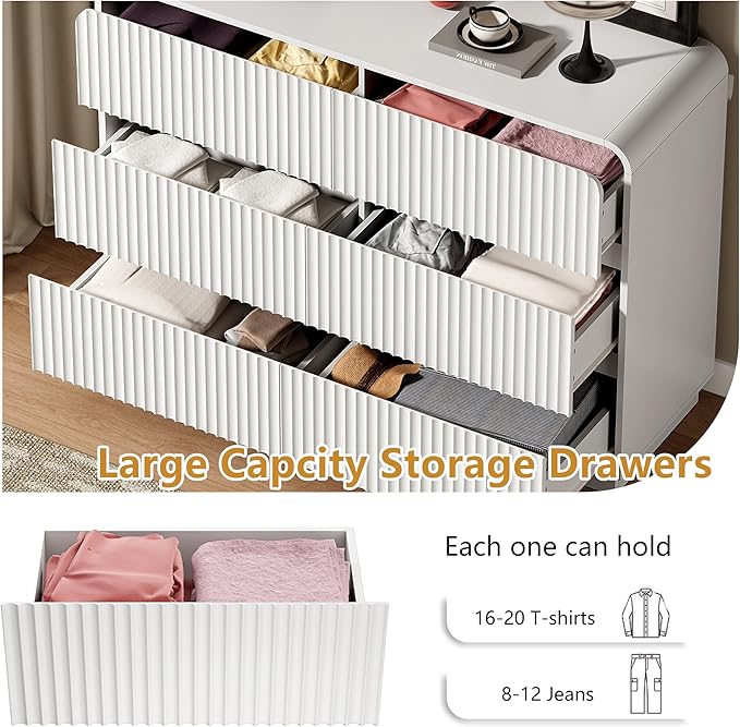 White Dresser Fluted 6 Drawers Dresser for Bedroom, 47" Wide Wood Chest of Drawers with Hidden Handles & Rounded Corners, Modern TV Stand Storage Cabinet for Living Room, Hallway, Entryway