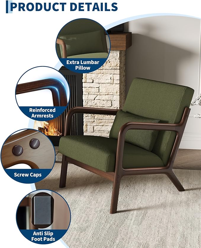 Garvee Mid-Century Modern Accent Chair, Fine Wale Corduroy Upholstery, Solid Wood Armchair with Removable Lumbar Pillow, Sturdy Reading Chair for Living Room, Bedroom, Guest Room, Easy Assembly, Green