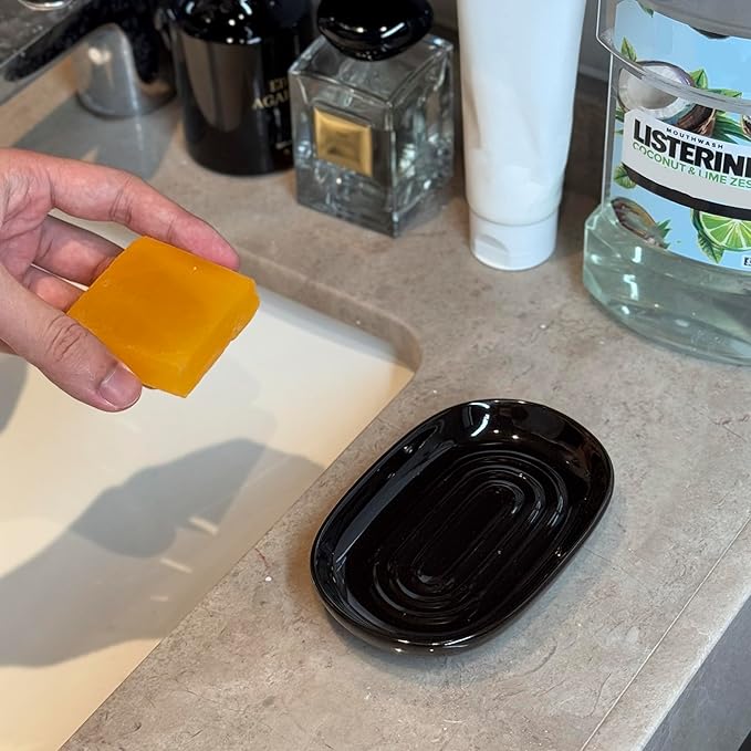 Soap Dish, Ceramic Soap Dish with Marble PatternShower, Soap Saver Tray for Bathroom, Kitchen Sink & Vanity, Multi-Use Holder for Jewelry, Rings, Keys (1 Pack, Black)