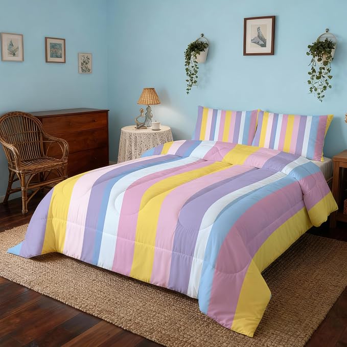 Rainbow Stripe Twin Size Comforter Sets 2 Piece, Colorful Stripes Printed Pattern, Soft All Season Bed Comforter & 1 Pillow Sham, Kids Striped Bedroom Decor Reversible Bedding D-GM12