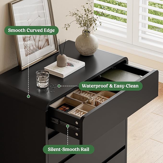 Lulive Wood Dresser for Bedroom, 41” Tall Chest of Drawers with 5 Drawers, Modern Closet Storage Drawer with Curved Profile Design for Living Room, Hallway, Entryway, Black
