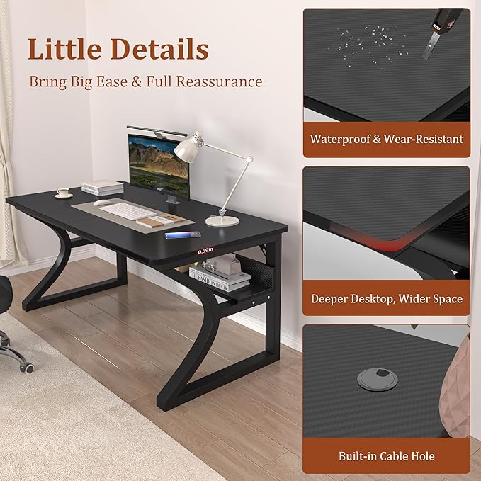 AZN Computer Desk, 55x24 in Computer Desk, Office Desk w/Storage & U-Size Metal Frame for Home Office Bedroom Gaming, Office Desk w/Water-Resistant, Scratchproof Surface, Carbon Fiber Black