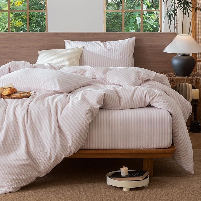 MooMee Striped Duvet Cover Set 100% Washed Cotton Linen Like Textured Breathable Durable Soft Comfy (Heathered Greyish Pink Classic Stripes, Palatial King/Oversized King 120"x98")