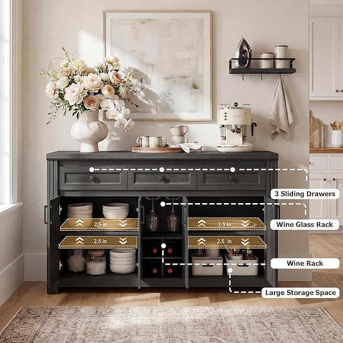 Buffet Sideboard with Power Outlet, 55" Wine Bar Cabinet with Wine Rack & Glass Holder, Farmhouse Wood Coffee Bar with Storage and Adjustable Shelves for Kitchen, Black