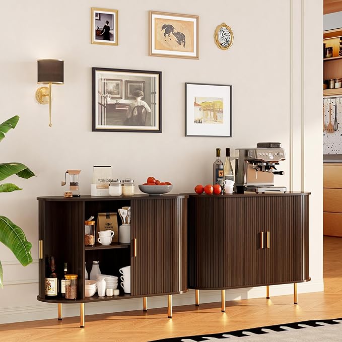 DHH Sideboard Buffet Cabinet with Storage,Mid Century Modern Fluted Accent Coffee Bar Console Table,Tambour Sliding Doors& Adjustable Shelf for Kitchen, Living Room, Entryway(Dark Walnut, 40 Inch)