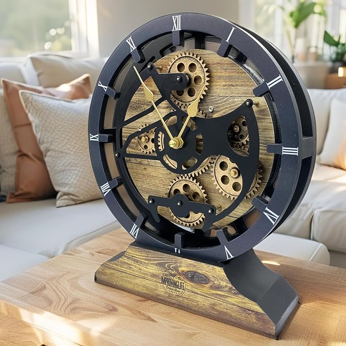 ImprovingLife The Gears Clock Desk Clock 10 inches with Real Moving Gears Convertible into Wall Clock (Gold Antique)