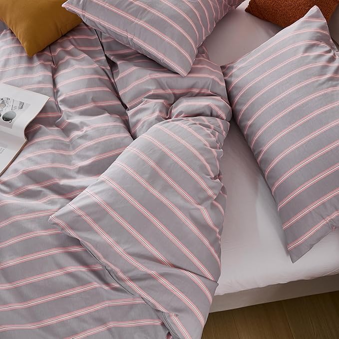Merryword 100% Cotton Duvet Cover Set Queen Size - Gray and Pink Striped Bedding Set with Zipper & Corner Ties, 3-Piece Luxury Linen Like Bedding Set for All Seasons