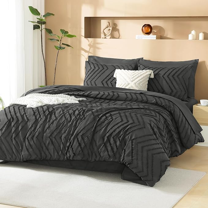 Litanika Dark Grey King Size Comforter Set with Sheets - 7 Pieces Bed in a Bag King Tufted Complete Bedding Sets with Comforter, Sheets, Pillowcases & Shams