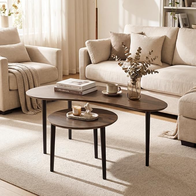 Giantex Nesting Tables Set of 2, Mid Century Modern Coffee Tables with Solid Wood Support Legs, Wood Side End Tables in Kidney & Round Shape for Living Room, Easy Assembly, Walnut
