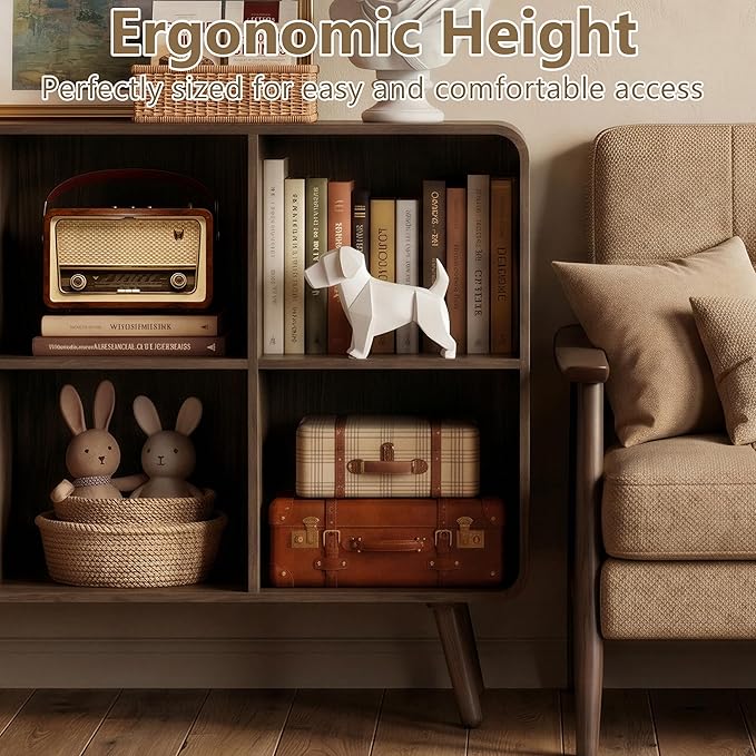 YOSHOOT 6 Cube Bookshelf - 35.4" Wood Cube Bookcase with Legs, Open Cubby Bookshelves with Curved Profile Design for Bedroom, Living Room,Home Office, Walnut