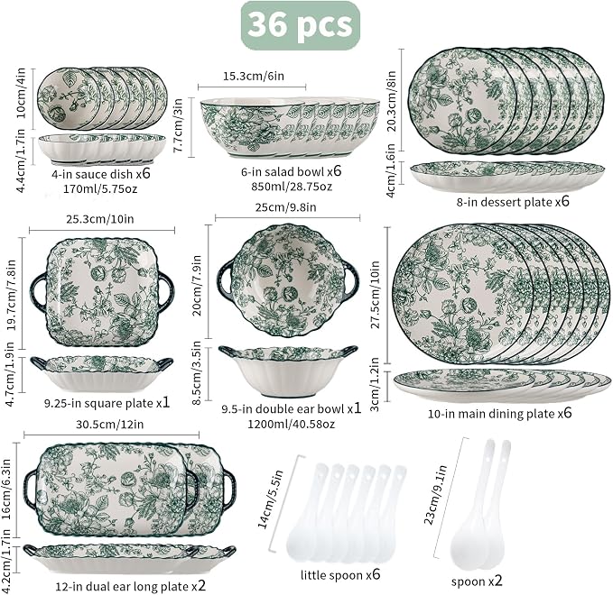 36-Piece Ceramic Dinnerware Set, Service for 6, Vintage Green Rose Floral Plates and Bowls Sets, Microwave & Dishwasher Safe, Porcelain Dinnerware Set for Kitchen & Dining