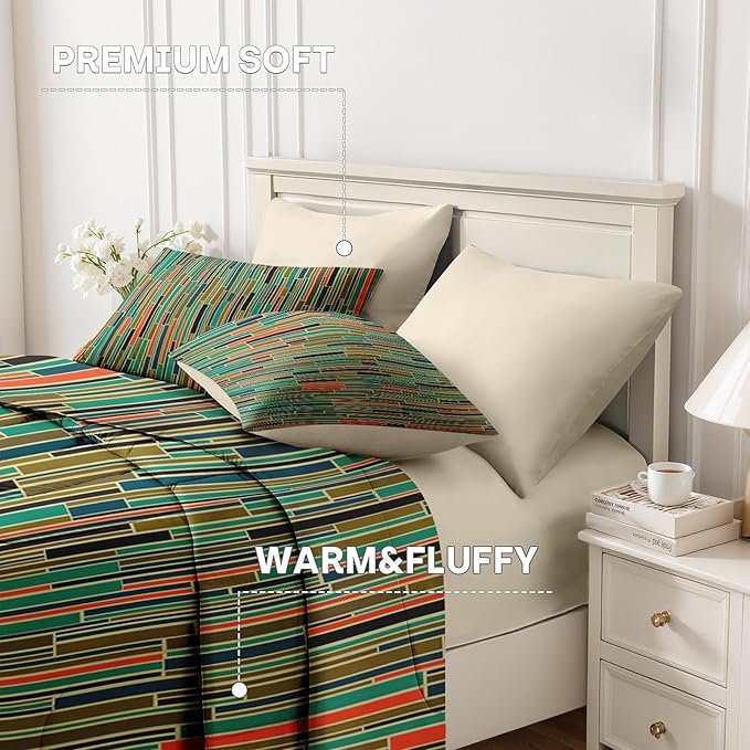 Nesker Comforter Set Queen Size, Mid Century Geometric Retro 7 Pcs Bedding for Kids and Adults, Stripe 50S Vintage Bed Sheet Sets with Fitted Sheet 2 Pillowcases & 2 Shams