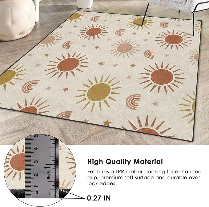 Area Rugs 3'x5' Washable Rug, Boho Sun Rainbow Stain Resistant Non Slip Backing Terracotta Earthy Carpet for Living Room Bedroom Dining Room