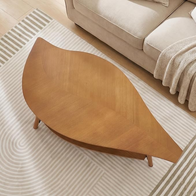 Small Coffee Table with Storage,Unique Leaf Handcrafted Marquetry,Mid Century Modern Oval Wooden Coffee Table,Natural Oak Veneer, Solid Wood Legs,for Living Room,Apartment(Walnut)