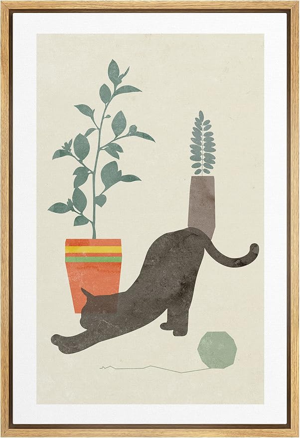 Woodrose Framed Canvas Print Wall Art Retro Black House Cat with Plants Animals Shapes Illustrations Modern Minimalist Chic Relax/Calm Multicolor for Living Room, Bedroom, Office - 24"x36" Natural