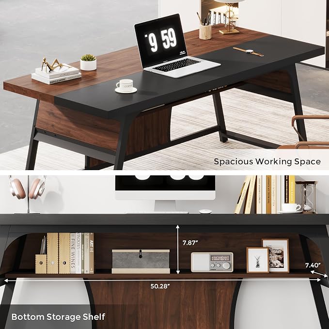 63-inch Executive Desk with Storage Shelf, Large Home Office Desk with Metal Frame & LED Light, Long Computer Desks for Home Office, Walnut and Black