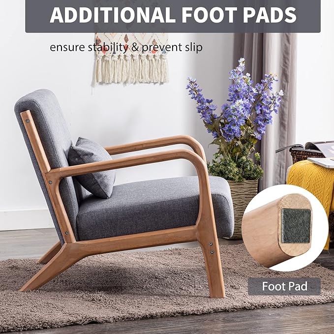 ANJ Mid Century Modern Accent Chair, Single Fabric Lounge Reading Armchair with Solid Wood Frame, Easy Assembly Arm Chairs for Living Room, Grey