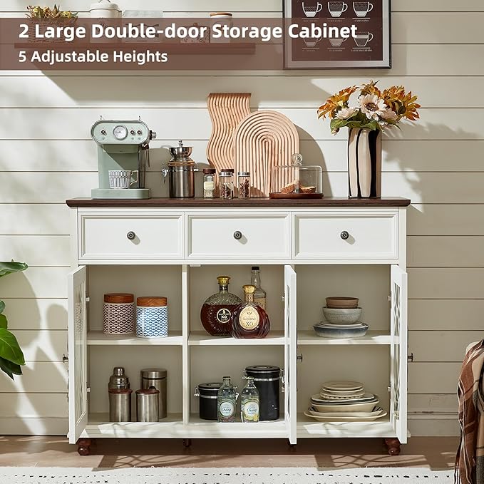Farmhouse Sideboard Buffet Cabinet Set of 2 with Storage,48" Large Credenza with 3 Glass Doors & 3 Drawers,Adjustable Shelves Console Table,Wood Kitchen Coffee Bar for Dining Room,White