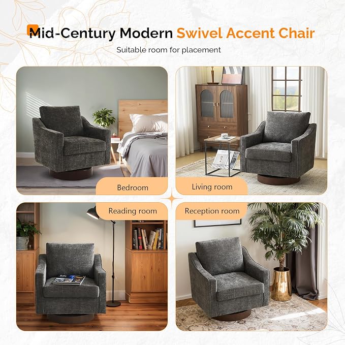VINGLI Mid-Century Modern Swivel Accent Chair, 360°Upholstered Armchair, Home Sofa with Track Arms for Living Room, Bedroom, Reading Room, Club Swivel Chair, Chenille Grey