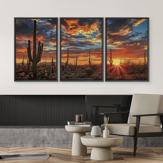 SIGNWIN Framed Canvas Print Wall Art Set Desert Cactus Sunset Landscape Illustrations Modern Art Decorative Chic Calm/Zen for Living Room, Bedroom, Office - 24"x36"x3 BLACK