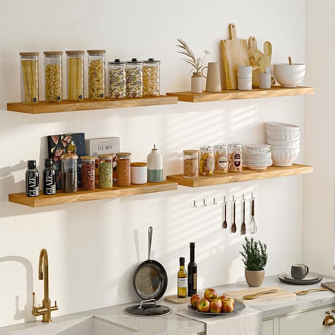 Fun Memories Floating Shelves for Wall, 36" Rustic Solid Elm Wood Wall Shelf, Heavy-Duty Wall Mounted Shelf with Invisible Brackets, Set of 2 for Living Room, Bedroom, Kitchen, Natural Finish