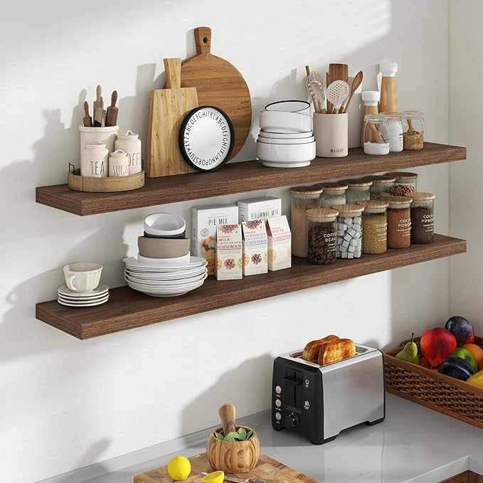 55 Inch Floating Shelves, 8 Inch Deep Floating Shelves for Wall, Hanging Shelf with Invisible Brackets, Deep Shelves for Bathroom, Bedroom, Living Room, Walnut, Set of 2