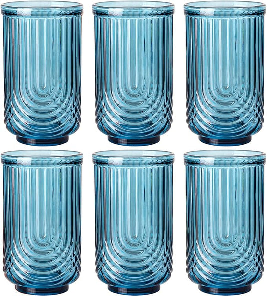 JOVGANK Blue Vintage Glassware Set of 6-17Oz Blue Water Drinking Glass, Art Deco Ripple Highball Glass, Whiskey Cocktail Glasses, for Bar Ice Coffee Juice, Housewarming Gifts and Mother's Day Gift